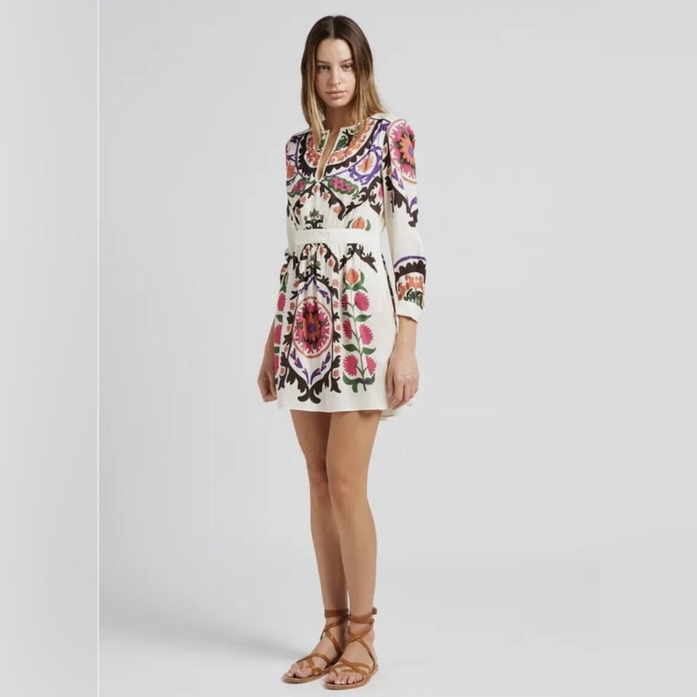 NWT BA&SH ($412USD) Fedora Scarf Print Long Sleeve Mini Dress In Ecru